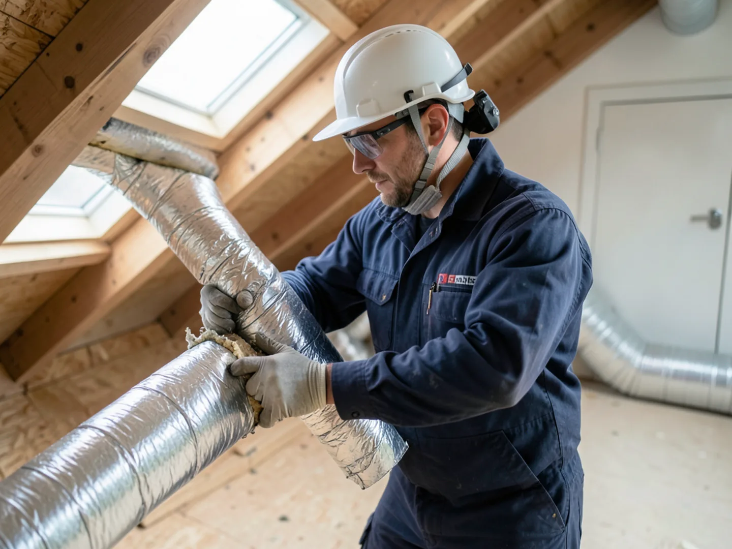 Technician replacing deteriorated original fiberglass attic ducting with new silver R-8 flexible duct runs